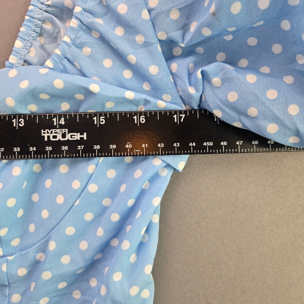 Boohoo Polka Dot Mini Dress Puff Sleeve Ruffle Hem Size 10 Blue White Vintage - Picture 4 of 7